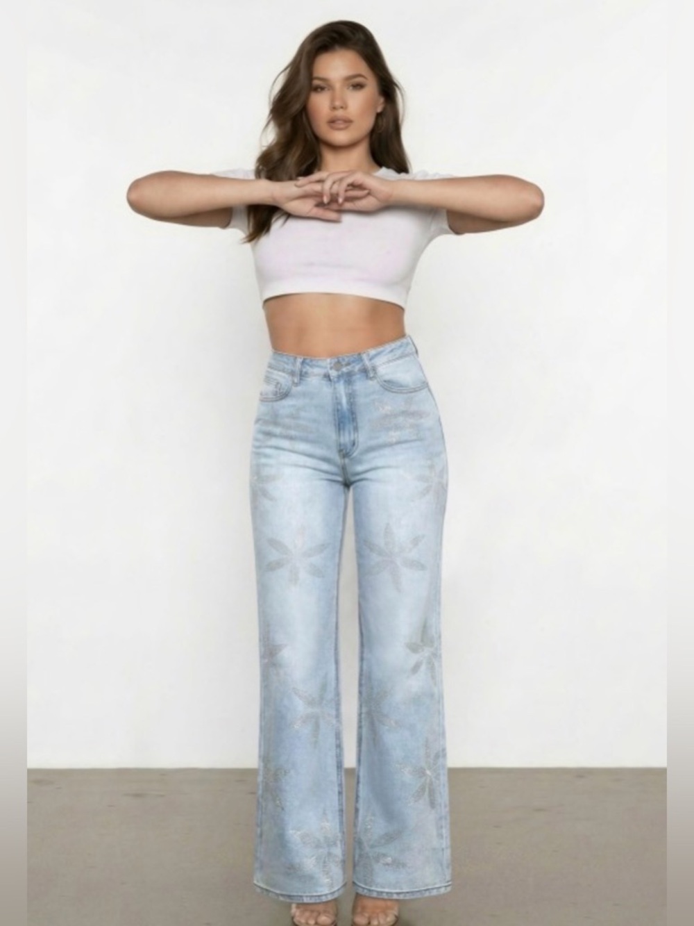 Light Wash Wide Leg Rhinestone Jeans - Floral Print